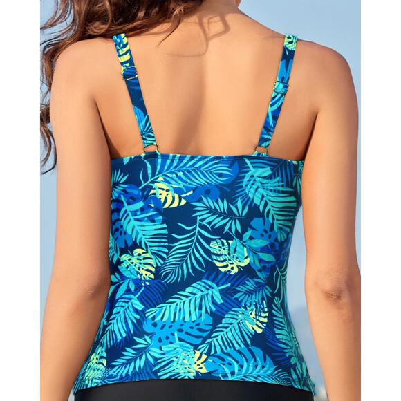 Aqua Eve Tankini Top Women L Blue Tropical Leaves Ruched Tummy Control Beach - Picture 5 of 15